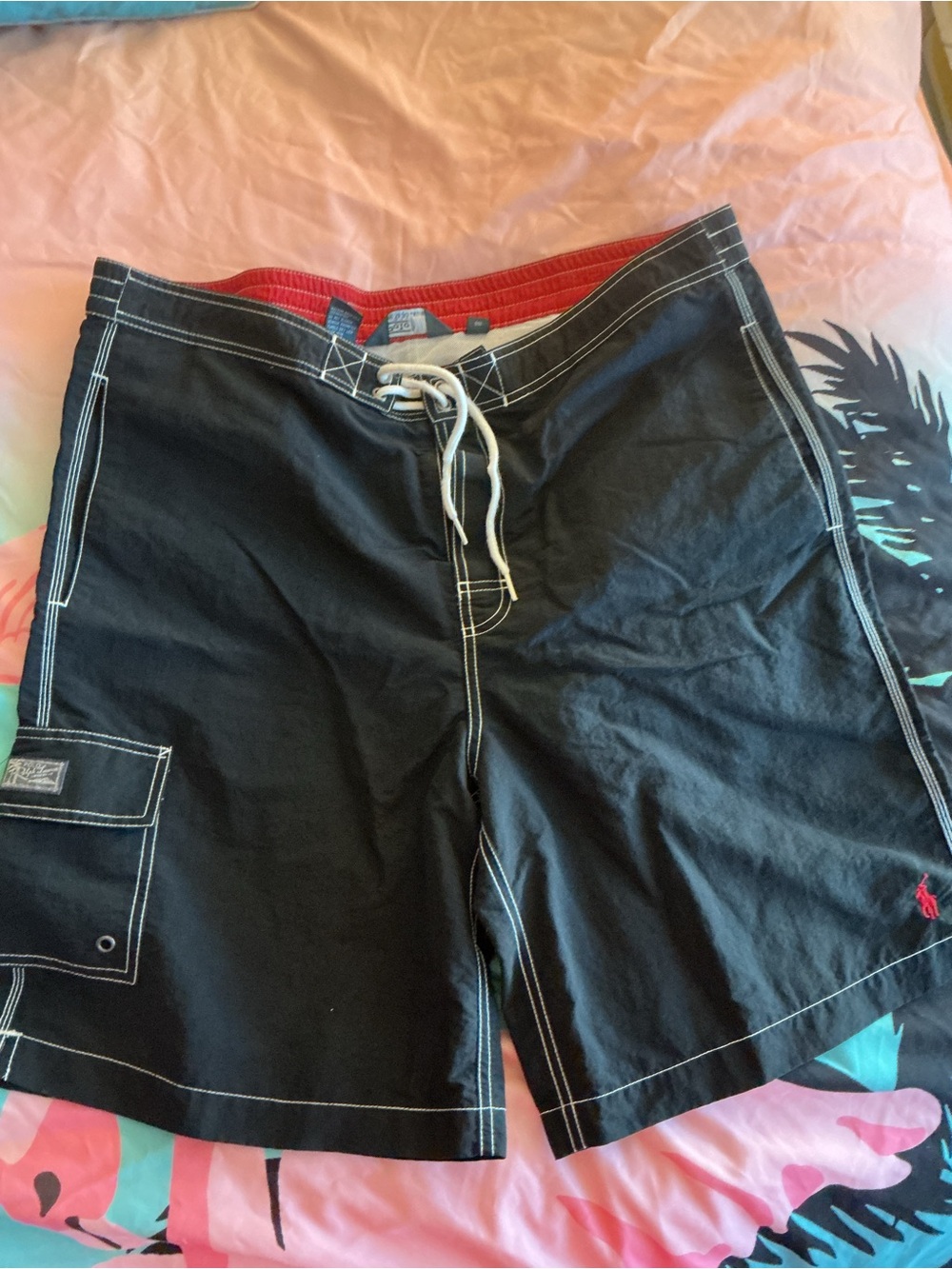 Men's Polo Ralph Lauren Black Swim Trunks with Red Waistband Large